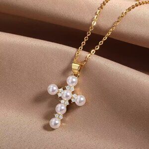 18K Gold Womens 1ct Diamond White Pearl Cross Pendant Necklace Christian Jewelry